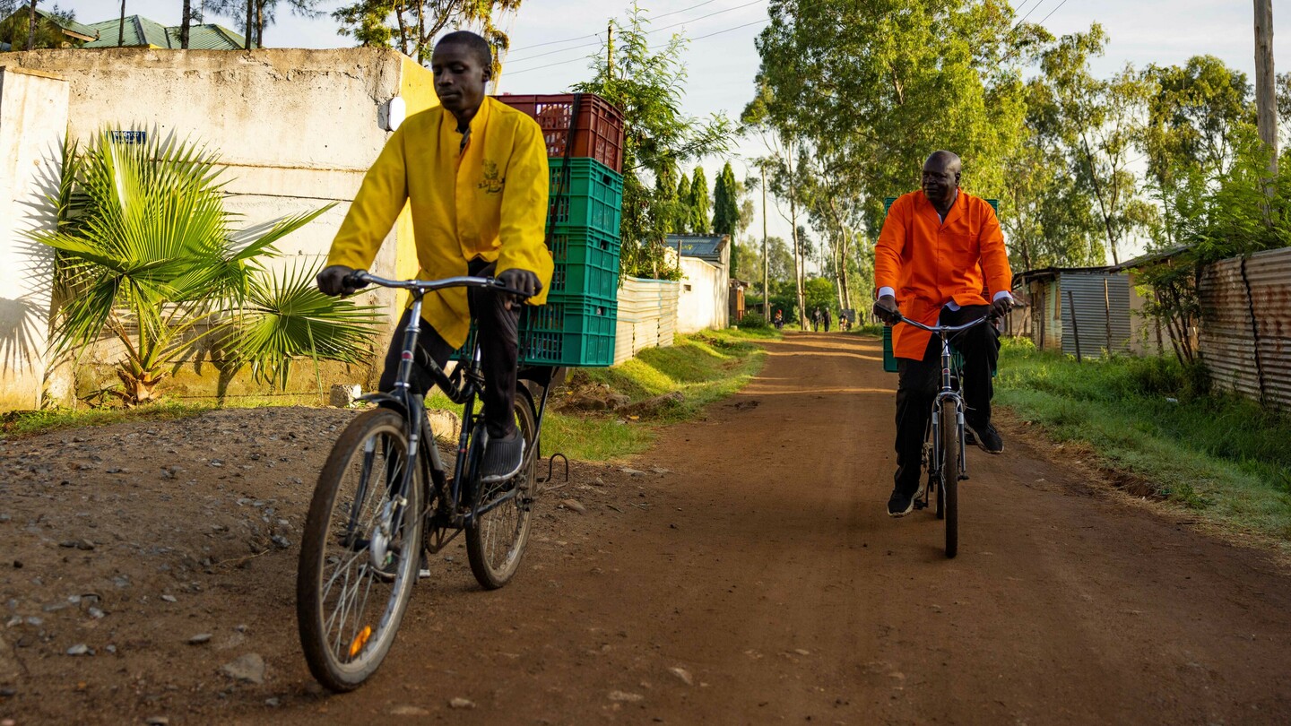 Deux hommes en manteaux de travail lumineux, l'un en jaune et l'autre en orange, circulent à vélo sur une route non pavée. Des arbres et des bâtiments sont visibles en arrière-plan.